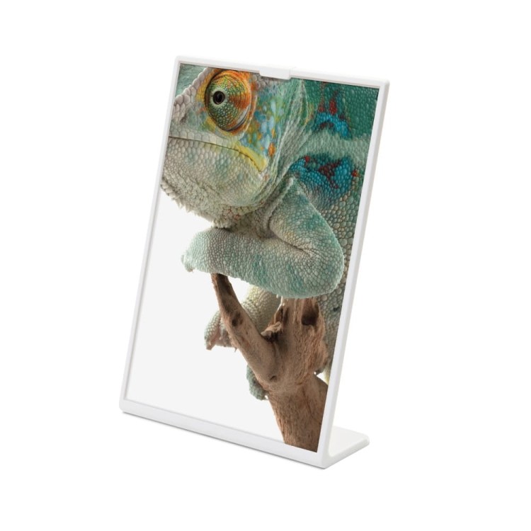 Stojak informacyjny na menu SCRITTO® A5 z podstawą L w kolorze białym przeglądarka ekspozytor do postawienia na stół stojak na menu na informację na ulotkę na plakat