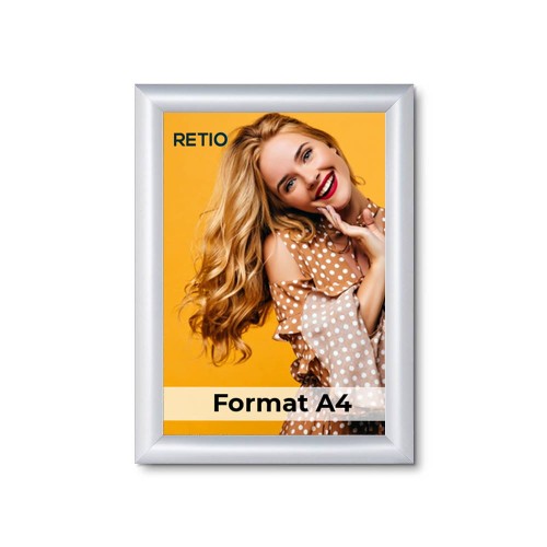 Ramka zatrzaskowa KRAST A4 (21,0 x 29,7 cm) aluminiowa srebrna z ostrym prostym narożnikiem i certyfikatem trudnopalności rama ramka plakatowa OWZ ścienna na plakat na zdjęcia profil 25 mm