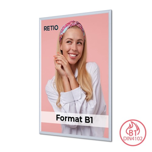 Ramka zatrzaskowa KRAST B1 (70,0 x 100,0 cm) aluminiowa srebrna z ostrym prostym narożnikiem i certyfikatem trudnopalności rama ramka plakatowa OWZ ścienna na plakat na zdjęcia profil 25 mm