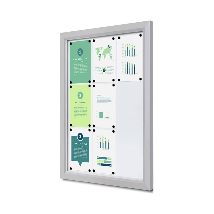 Gablota magnetyczna SLM 9xA4 65x91 cm z certyfikatem trudnopalności B1 zamykana na kluczyk do użytku zewnętrznego gablota zewnętrzna gablota ogłoszeniowa gablota informacyjna tablica ogłoszeń tablica informacyjna ogniotrwała srebrna