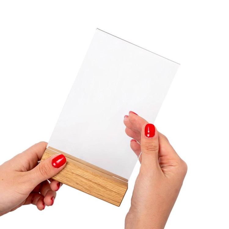 Stojak informacyjny na menu A5 z drewnianą podstawą typu T dwustronny przeglądarka ekspozytor do postawienia na stół stojak na menu na informację na ulotkę na plakat