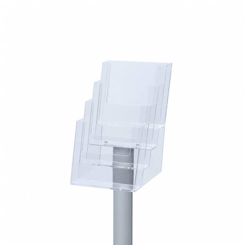 Stojak na ulotki 4xA5 z kieszeniami akrylowymi na broszury A5 srebrny prezenter ulotek stojak informacyjny na ulotki stojak na broszury A5 stojak prezentacyjny do branży detalicznej do hotelu