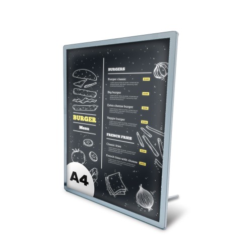 Ramka plakatowa LED podświetlana SUN A4 srebrna na biurko (21,0 x 29,7 cm) rama na plakat zdjęcia obraz podświetlana rama plakatowa