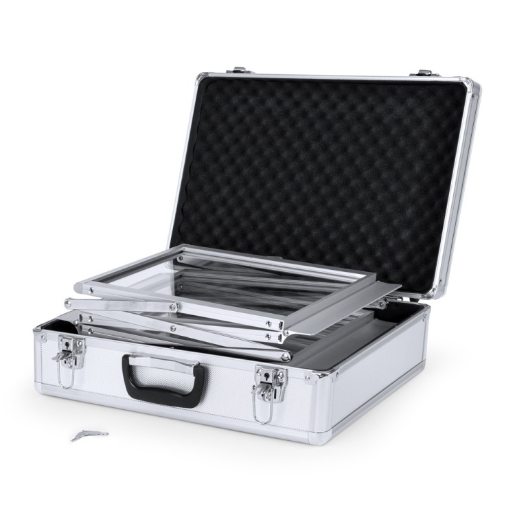 Dwustronny rozkładany stojak na ulotki 6xA4 z walizą - srebrny