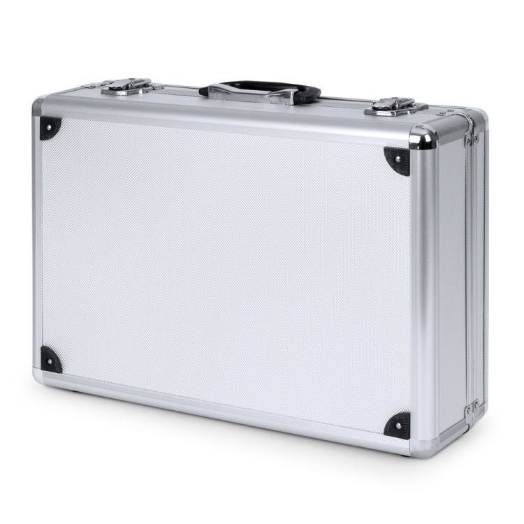 Dwustronny rozkładany stojak na ulotki 6xA4 z walizą - srebrny