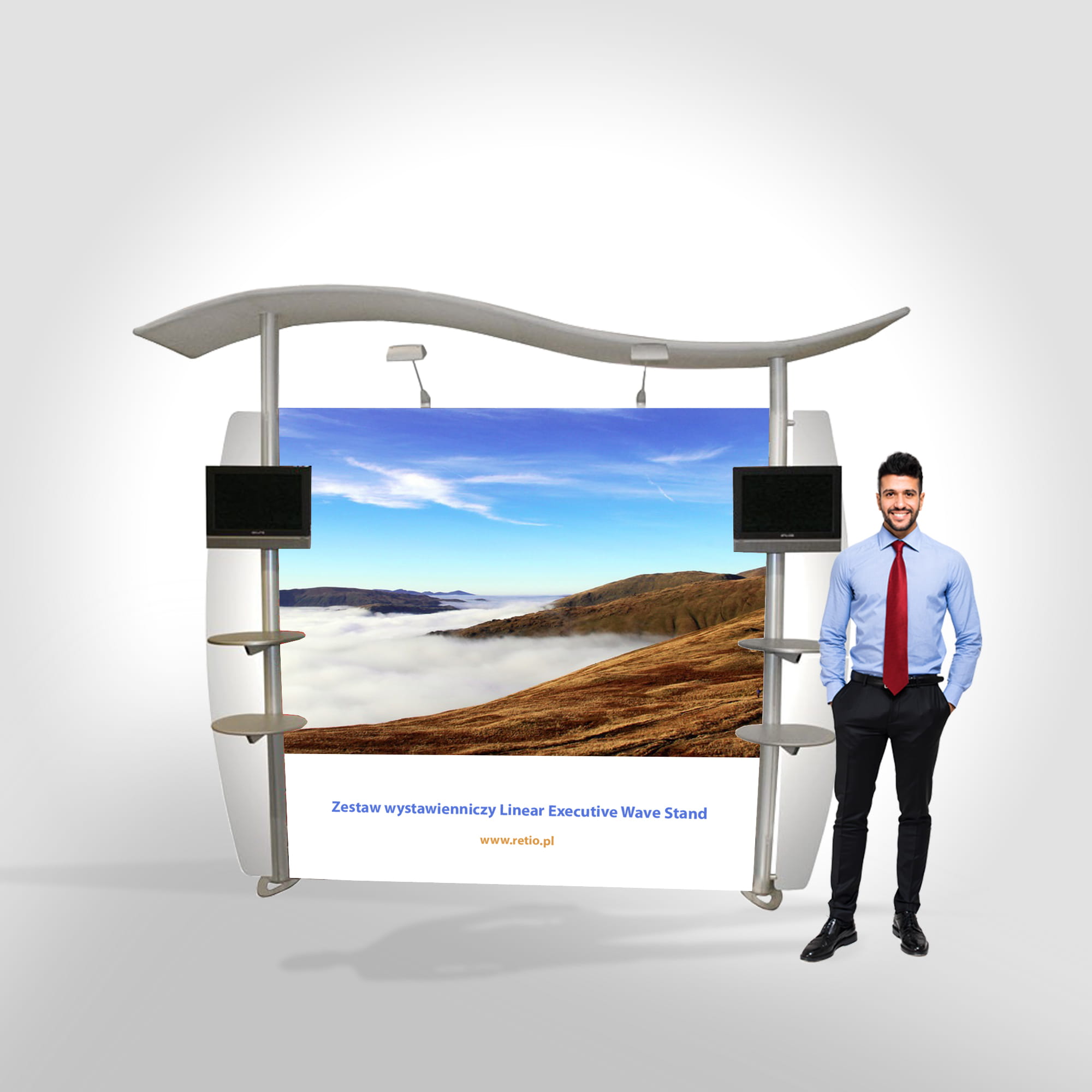 Linear Executive Wave Stand exhibition set 3 x 2.5 m (2 LCD holders + 4 shelves for leaflets)