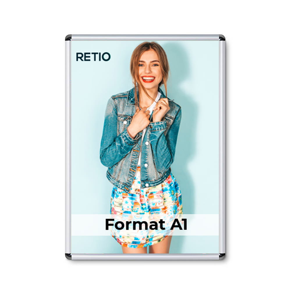 Ramka zatrzaskowa KRAST A1 (59,4 x 84,1 cm) aluminiowa srebrna z zaokrąglonym narożnikiem rama ramka plakatowa OWZ ścienna na plakat na zdjęcia profil 25 mm