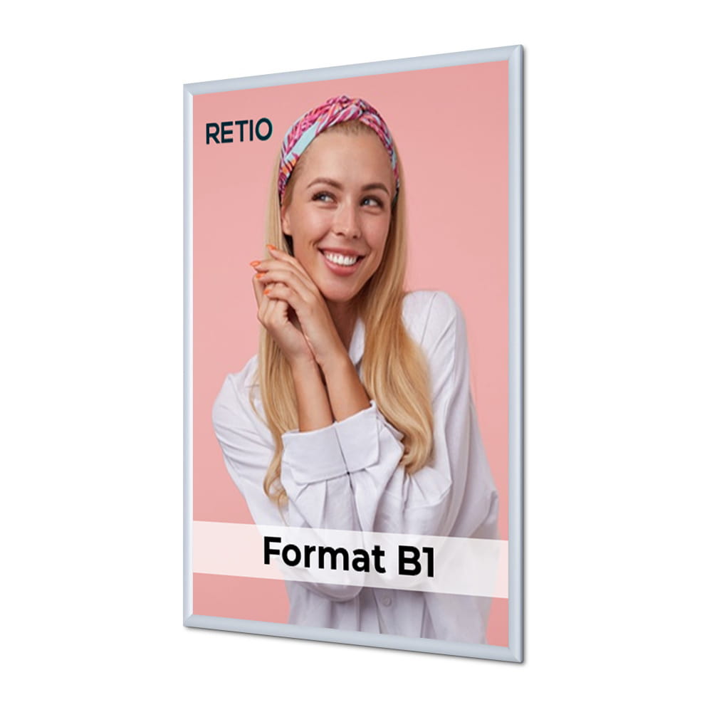 Ramka zatrzaskowa KRAST B1 (70,0 x 100,0 cm) aluminiowa srebrna z ostrym prostym narożnikiem rama ramka plakatowa OWZ ścienna na plakat na zdjęcia profil 25 mm