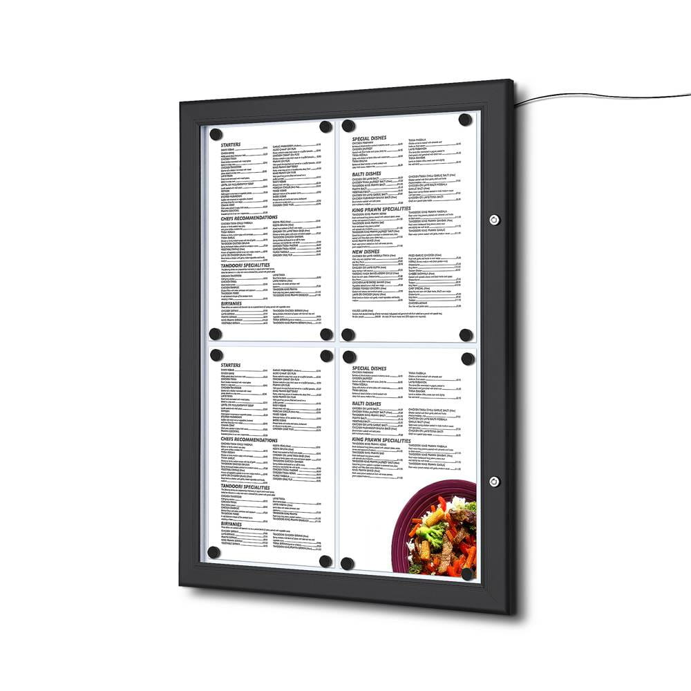 Gablota na menu 4xA4 43x31 cm - zamykana na kluczyk z oświetleniem LED do użytku wewnętrznego gablota wewnętrzna gablota ogłoszeniowa gablota informacyjna tablica ogłoszeń tablica informacyjna tablica na menu z oświetleniem led