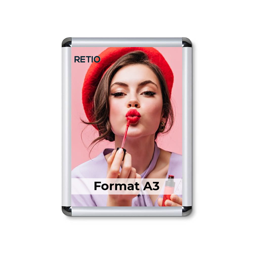 Ramka zatrzaskowa KRAST A3 (29,7 x 42,0 cm) aluminiowa srebrna z zaokrąglonym narożnikiem rama ramka plakatowa OWZ ścienna na plakat na zdjęcia profil 25 mm