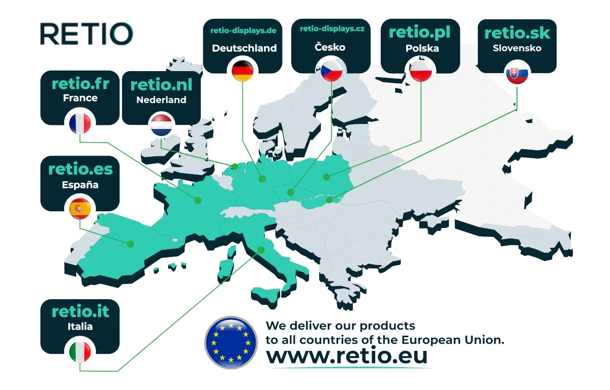 Mapa obchodů RETIO: retio.pl, retio-displays.de, retio-displays.cz, retio.sk, retio.fr, retio.es, retio.it, retio.nl a retio.eu